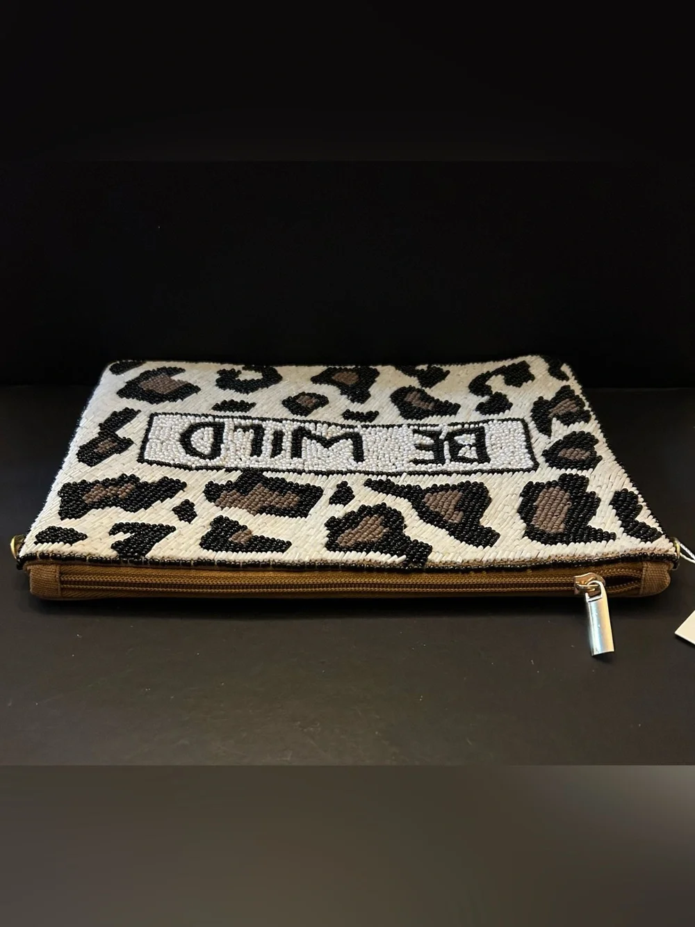 Beaded Leopard Animal Print ‘Be Wild' Zip Clutch- Black, Off-White & Brown